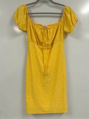 Heart & Hips Yellow Eyelet OffShoulder Dress Large Boho Cottagecore Puff Sleeve